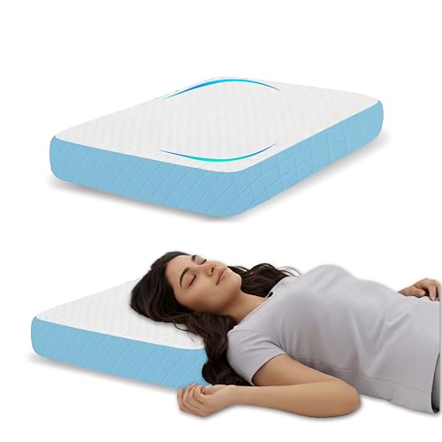 Image of High Density Memory Foam Pillow, Shredded Orthopedic Support for Neck Pain Relief, 60x38x10 cm, White /Sky Geometric Jacquard Case, Aligned Spine Bedding for Side and Back Sleeper