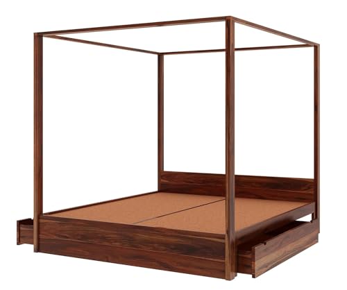 Image of WOODLAB Furniture Sheesham Wood King Size Poster Bed with 2 Side Pullout Drawer Storage | Wooden Double Size Cot Palang for Bedroom Living Room Home and Hotel (Natural Finish)