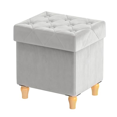Image of CAROLMADE Folding Storage Ottoman Cube Velvet Footstool with Wood Legs Ottoman Footrest for Living Room and Bedroom, Grey 15 inchx12.6 inchx15.4 inch