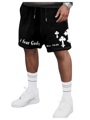 Floerns Men's Cross Print Drawstring Waist Track Shorts Loose