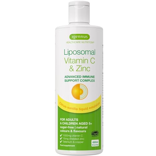 High Absorption Liposomal Vitamin C 1000mg & Zinc Bisglycinate, Advanced Liquid Immune Support with Copper & Selenium for Adults & Kids, 30-90 Servings, Sugar-Free, Citrus Vanilla Flavour, by Igennus