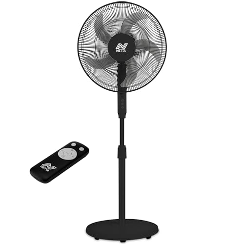 NETTA Pedestal Standing Floor Fan – 16 Inch, 3 Speed Settings, with 7-Hour Timer, Remote Control, Oscillating Function and Adjustable in Height – 40W – Black