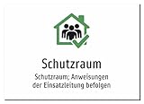 Schutzraum - Schutzraum; Anweisungen der Einsatzleitung befolgen – Aluminiumschild A2: 594x420mm – Mit Grafik und Text