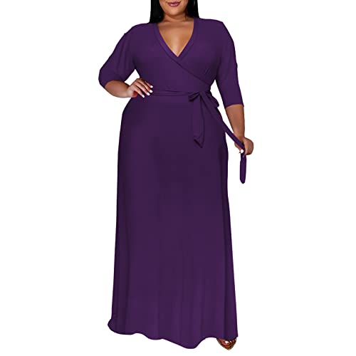 Image of Runwind Plus Size Dresses for Women Floral Maxi Dress Flowy 3 /4 Sleeve with Belt