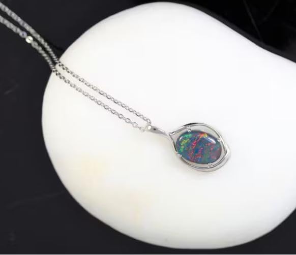 Fire Opal Gemstone Necklace - Genuine Australian Black Opal Necklace Pendant in 925 Sterling Silver Teardrop Necklace
