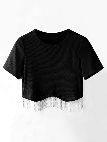 Womens Nashville Sparkly Glitter Fringe Short Sleeve Cropped Top Raceback Ribbed Crop Tank Tops with Rhinestone Tassel3