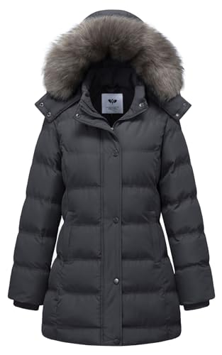 GGleaf Women's Winter Thicken Coats Warm Snow Jacket with Removable Fur Hood Fashions Long Puffer Jacket Dark Grey Medium