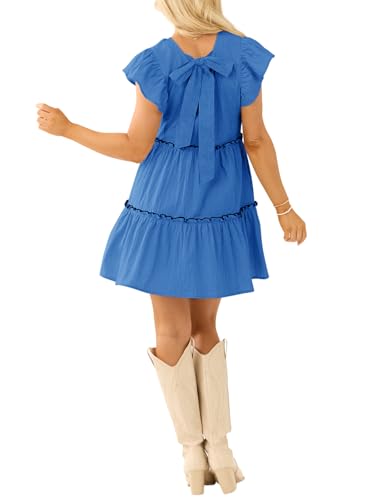 Image of Women's Summer Babydoll Mini Dress V Neck Tie Back Ruffle Sleeve Casual Tiered Loose Flowy Swing Tunic Shift Dress