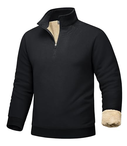 MAGCOMSEN Mens Fleece Pullover Quarter Zip Sherpa Lined Sweatshirt Long Sleeve Warm Cotton Heavyweight Athletic Black Sweatshirts XL
