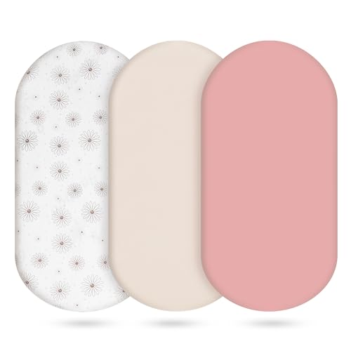 Image of Muslin Bassinet Sheets 3 Pack, Cotton Bassinet Sheets for Baby Girl and Boy, Breathable Bedside Sleeper Bassinet Fitted Sheet, Universal Rectangle & Oval Bassinet Cover, 28x14 to 33x18, Pink