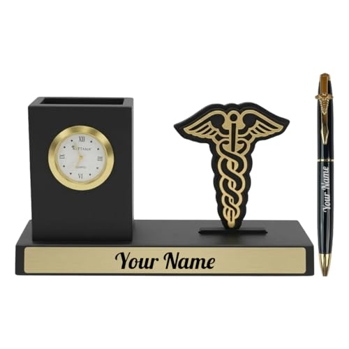 Image of Giftana 2 in 1 Personalized Desk Table Organizer with Pen Gift Set for Doctors, Customized Pen Stand Table Clock & Calendar, Customised New Year Corporate Gift Set for Employee (Doctors Symbol)