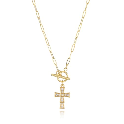 DIFLAX Collar de cruz para mujer, collar de oro de 14 quilates, collar con colgante de cruz, collares de capas de oro, gargantilla cruzada,collares de cruzado, regalos para mujeres y niñas