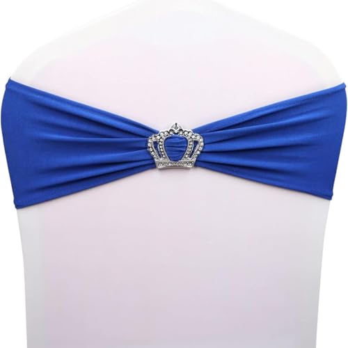 Spandex Chair Sashes 50pc Blue Elastic Chair Sashes with Bow tie and Crown Buckle,Suitable for Decoration at Receptions, Parties,Events,Banquets, and Wedding Banquets