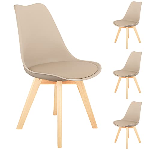 Sillas de comedor escandinavas, juego de 4, silla acolchada de cocina, retro silla de oficina con patas de madera de haya maciza (4, Khaki) Cover