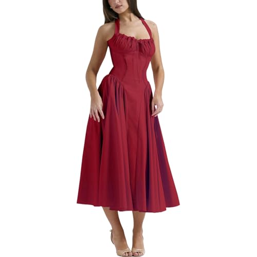 Image of Women Floral Corset Dress Halter Neck Low Cut Bustier Lace Midi Dress Flowy Pleated Hem Long Sundress with Pockets
