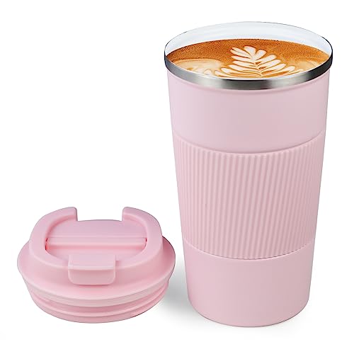 Betinyar Tazas de café con doble aislamiento de 18 onzas con revestimiento de cerámica, taza de café con tapa, taza de viaje de café, taza de café aislada para viajes, oficina, escuela
