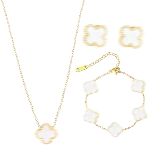 GNALIA Bijoux Acier Inoxydable Femme, Ensemble Collier Boucles D'Oreilles Bracelet Trèfle 4 Feuilles Or 18K Plaqué Or, Bijoux Délicats Réglables Cadeau...