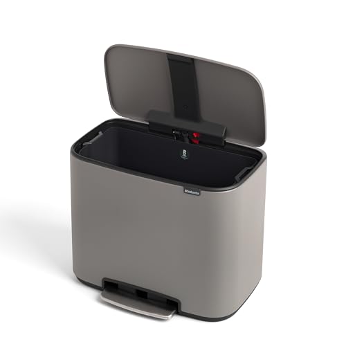 Image of Brabantia Bo Step-On Pedal Trash Can - 9.5 Gal Inner Bucket (Mineral Concrete Gray) Waste /Recycling Garbage Can, Removable Compartments + Free Bags