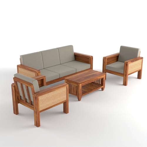 Image of Sheesham Wooden 5 Seater Sofa for Living Room | Solid Wood Sofa with Cane Side Panel | Rosewood Sofa Set for Home & Office | Lounge (Honey Finish, 3+1+1 Seater)