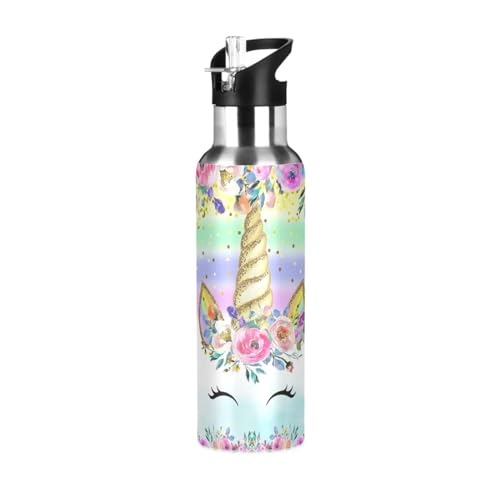 Unicorn Pink Water Bottle for Girls Kids Stainless Steel Drink Flask Straw Vacuum Insulated Leakproof for Sports 600 ml