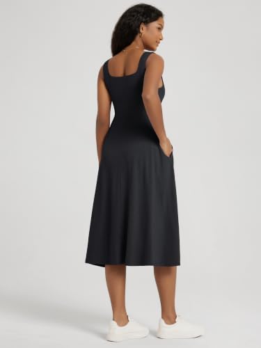 Image of ODODOS Square Neck Midi Dress with Pockets for Women Summer Casual Sleeveless Sundress Flare Tank Dress