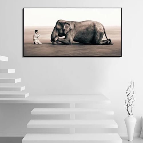 Peinture éléphant auditeur et petit garçon affiche murale déco pleine de douceur