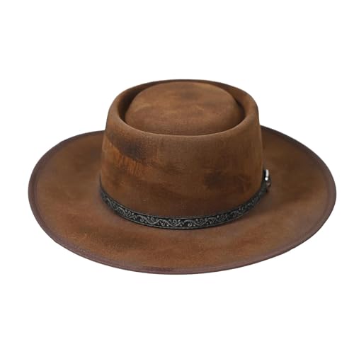 Vintage Western Cowboy Wool Felt Hat Classic Rancher Wide Brim Western Style Distressed Men Women Autumn Winter Hat Brown