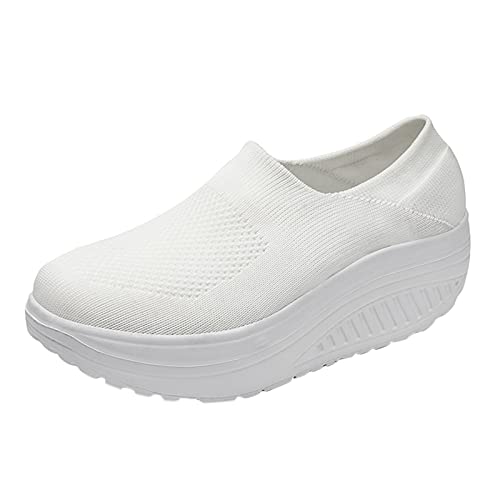 Zapatillas de plataforma para mujer, suela basculante, zapatos de meter con cojín de aire, cuña de espuma viscoelástica, para caminar, correr, senderismo, tenis ortopédicos de suela gruesa, blanco, 38