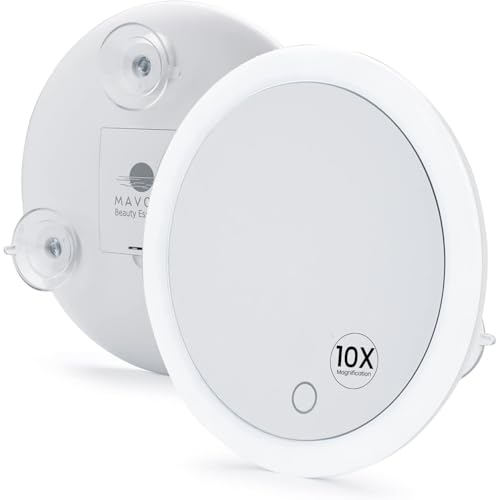 Mavoro Miroir Grossissant LED 17 cm avec 3 Ventouses Puissantes | Grossissement 10X | Miroir...