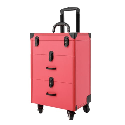 BFDIEEM Makeup Train Case, Professional Rolling Makeup Trolley with Adjustable Dividers, Nail Polish Organizer, Jewelry Travel Cosmetic Train Case w/ 4 Wheels & Locks (Rose Red)