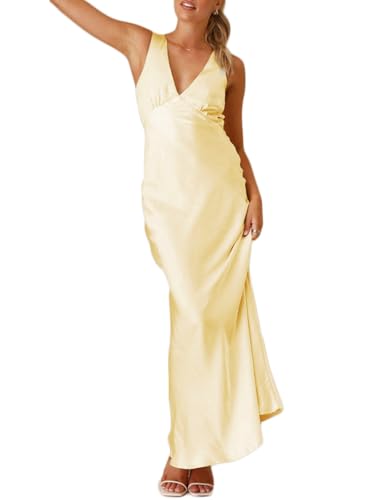 Gmeitoey Maxikleid aus Satin mit V-Ausschnitt, gelb, Groß