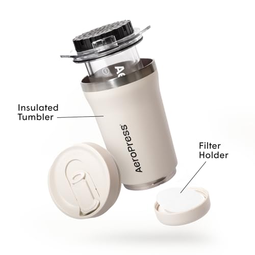 Image of AeroPress Go Plus, Small Portable Coffee Maker Kit, Travel, Camping & Office, All-in-One French Press, Pour-Over & Espresso Style Manual Brewer, 2 Min Brew for Less Bitterness, More Flavor, Cream