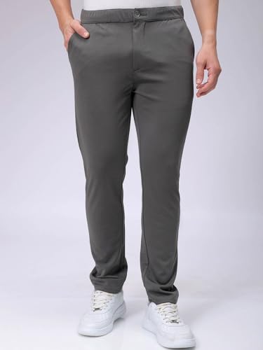 Image of The Indian Garage Co Men Slim Fit Solid Mid-Rise Stretchable Knitted Jogger Trousers