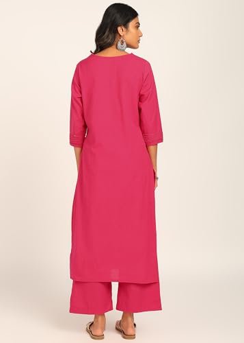 Image of BLOCKS OF INDIA Women's Solid Straight Kurta Set | Hand-Stitched Neck Details with Pintucks | Comfortable Pants with Pockets, Elastic Waist & Drawstring Fit