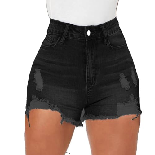 Tunlaud Women High Waisted Ripped Stretchy Hot Jeans Shorts Summer Distressed Frayed Raw Hem Denim Shorts (L, Black)