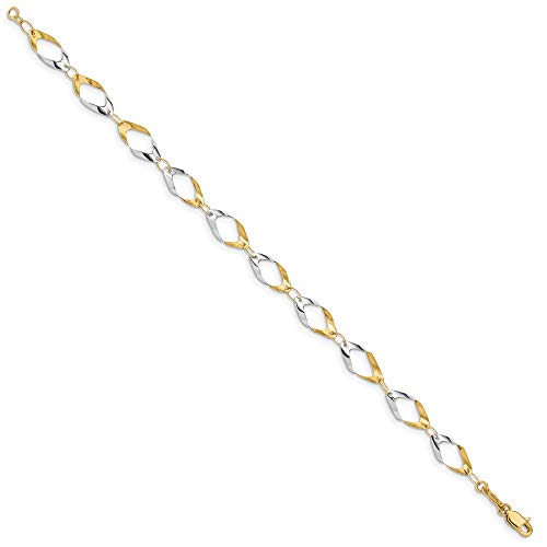 Solid 14k White and Yellow Gold Two Toned With Oval Link Chain Bracelet - with Secure Lobster Lock Clasp 7"2