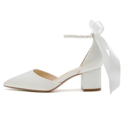 Women's White Wedding Shoes Block Heel Pearls Pointed Toe Chunky Bridal Pumps Prom Evening Shoes Sandals4