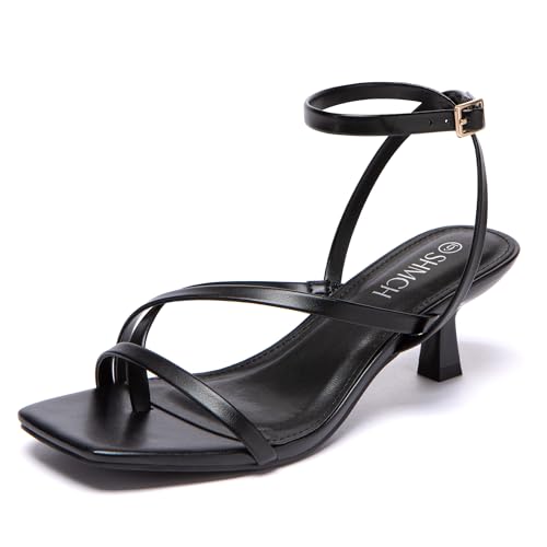 SHMCH Black Kitten Heels for Women Low Strappy Lace Up Heels Square Toe Thong Ankle Strap Heels Fashion Comfort Dress Shoes Black Heels 9