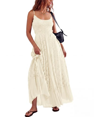 Gacaky Summer Dress for Women Casual Lace Floral Embroidered Bohemian Maxi Dress Flowy A Line Beach Long Dresses Beige Medium