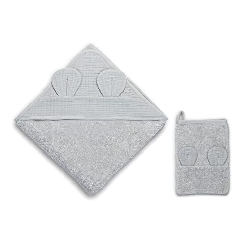 %100 Cotton Muslin Double Sided Baby Hooded Towels, 35'' × 35'' inches ( 90×90 cm ),Bath Robe for Baby , Newborn Baby Gift Ideas, with the Cotton Bath Gloves Gifted, OEKO-TEX Certified Cover