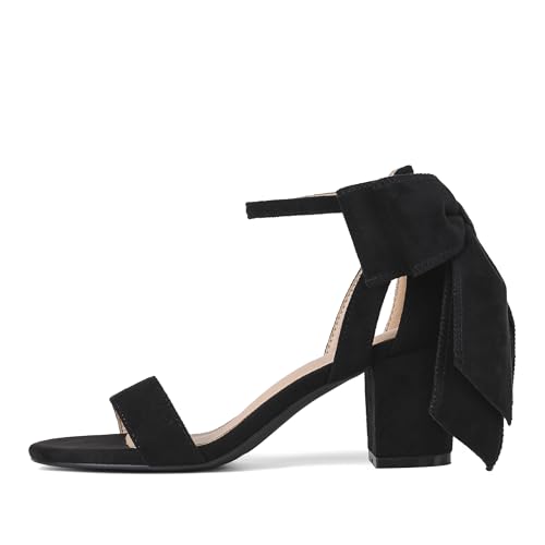 Yremael Womens Heeled Sandals Black Bow Round Open Toe Buckle Chunky Block Heel Comfortable Wedding Dress Shoes