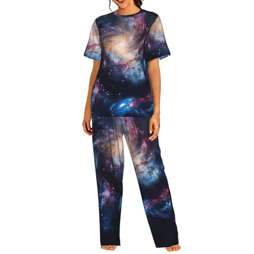 Pyjama manches courtes femme galaxie : vêtement de nuit léger en coton pour un été frais