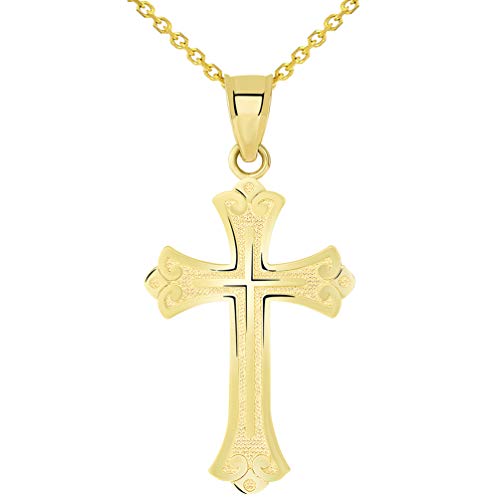 14k Solid Yellow Gold Religious Fleur de Lis Cross Pendant Necklace