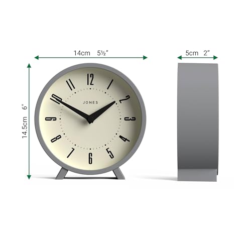 Jones Clocks® Venus desk clock | Modern round design | Grey | Stylish retro look for shelf, table, mantel or bedside