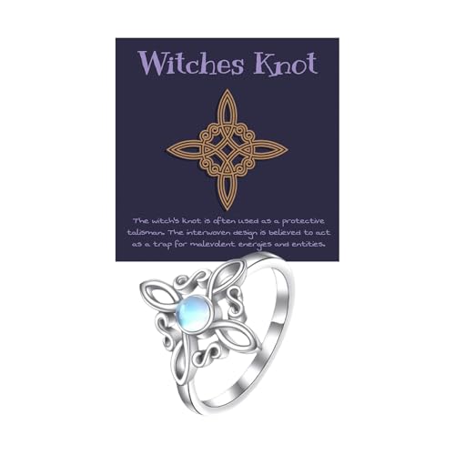 MQCEHTI Witches Protection Knot Ring for Women Handmade Celtic Knot Triquetra Trinity Copper Rings Rose-Gold Detail Jewelry Card (Silver Moon Stone 9)
