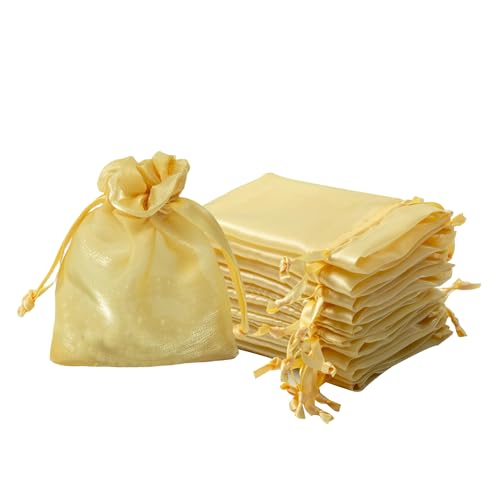 Image of QIANF 20 Pcs Gold Small Organza Bags 3X4 inch for Wedding Favors with Drawstring, Mini Mesh Gift Bags Jewelry Pouch for Candy Bridal Shower Party Favor Baby Shower Christmas