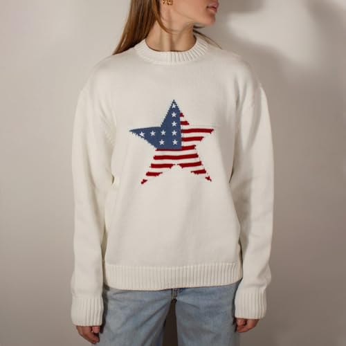 Image of Womens American Flag Sweater Long Sleeve Crew Neck Star Graphic Knit Pullover Tops Casual Loose USA Sweater