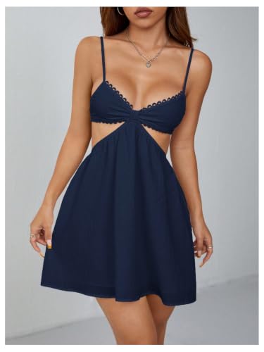 Image of OYOANGLE Women's Cut Out Smocked Sundress Backless Ruffle A Line Cami Dress Flowy Mini Dress