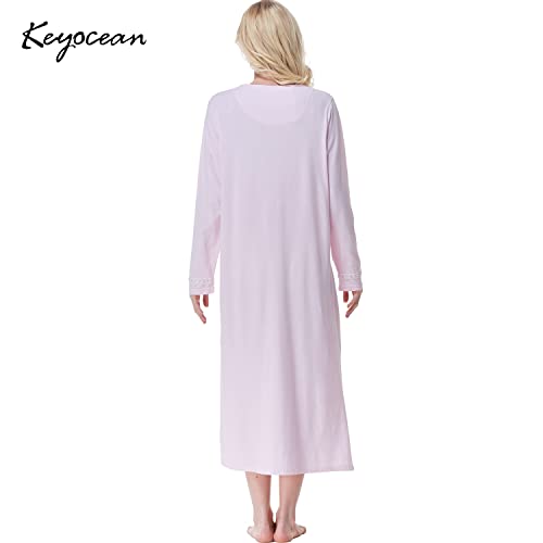 Keyocean Nightgowns for Women, Soft 100% Cotton Knit Nightgowns, Comfy Long-Sleeve Ladies Sleepwear Gown for Mom