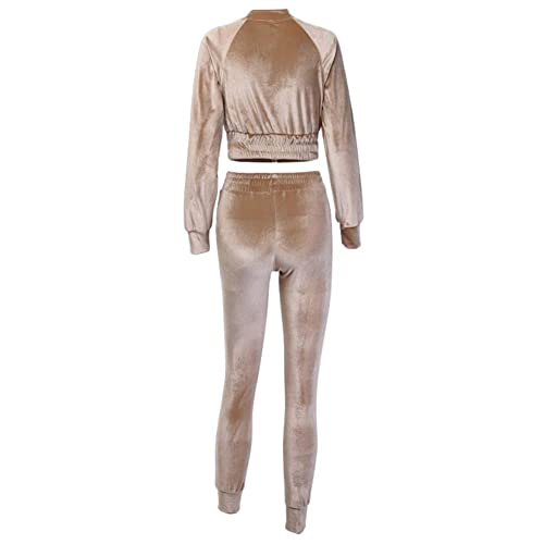 Air-Smart Women's Tracksuit Set 2 Piece Velvet Zip Crop Top Slim Sweatshirt And Jogger Pants Outfits (Beige,Small) #TOP5